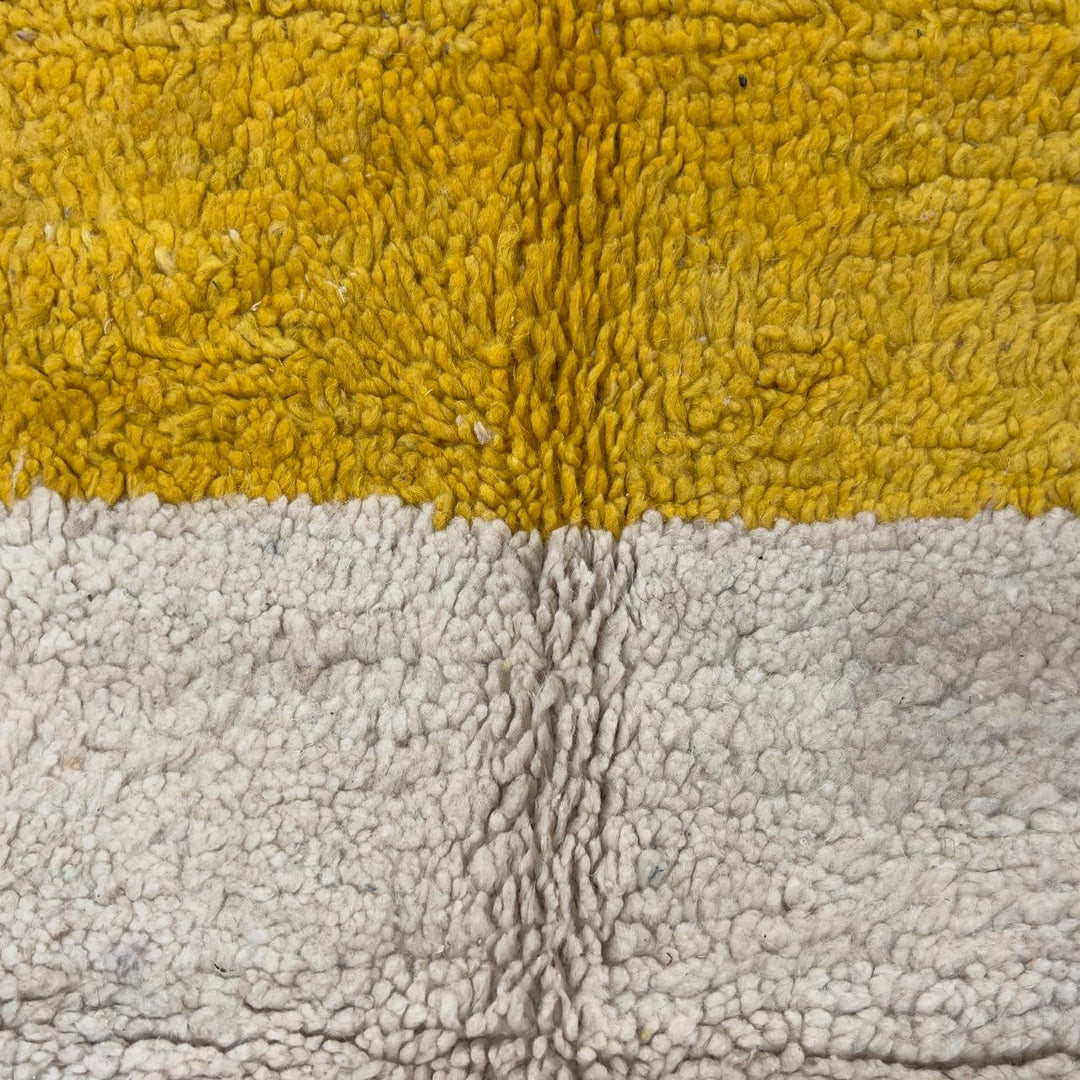Vintage Moroccan wool rug 8.46 x 5.38 ft with abstract geometric design in blue yellow green and cream handmade Berber rug
