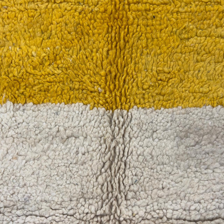 Vintage Moroccan wool rug 8.46 x 5.38 ft with abstract geometric design in blue yellow green and cream handmade Berber rug
