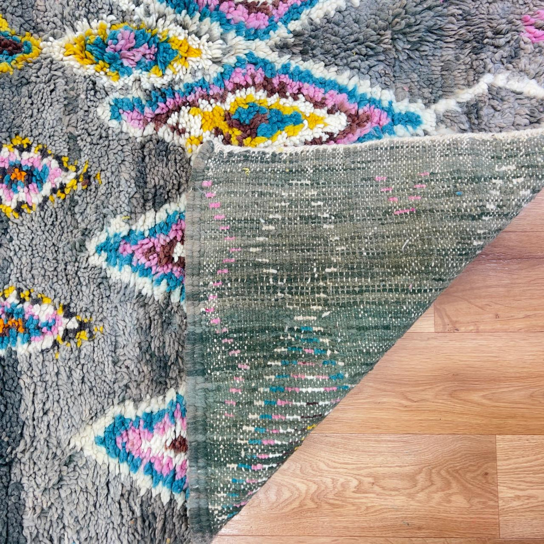 Vintage Moroccan wool rug with colorful diamond patterns on grey background and turquoise border handmade Berber carpet