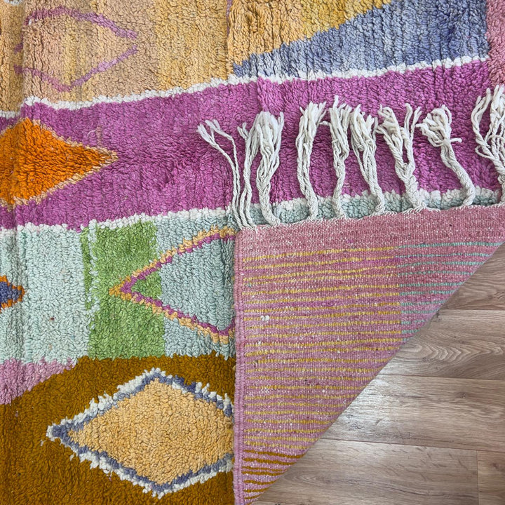 Vintage Moroccan wool rug 245x168 cm handmade Berber rug with pink orange and cream abstract geometric design