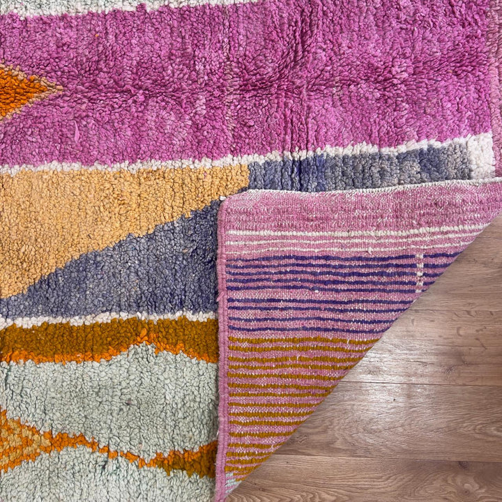 Vintage Moroccan wool rug 245x168 cm handmade Berber rug with pink orange and cream abstract geometric design