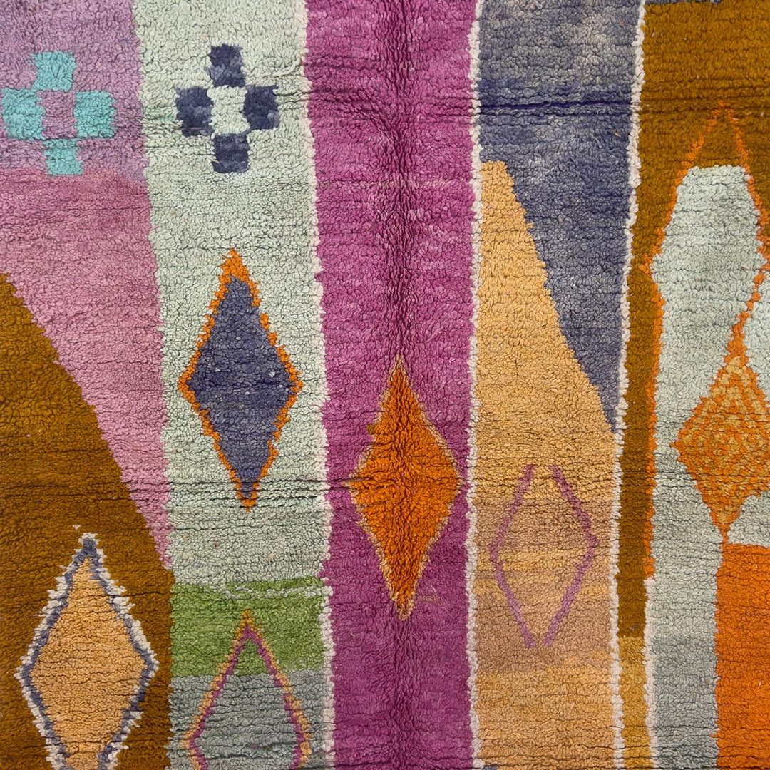 Vintage Moroccan wool rug 245x168 cm handmade Berber rug with pink orange and cream abstract geometric design
