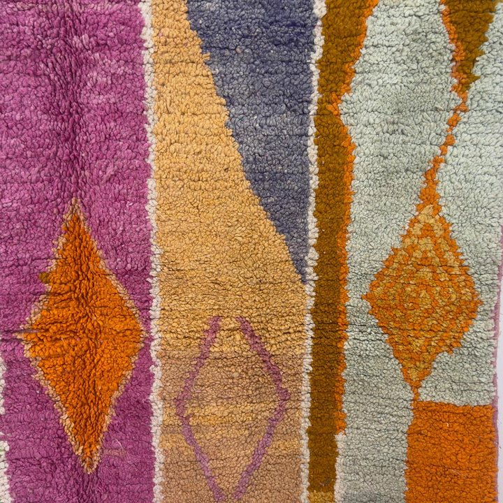 Vintage Moroccan wool rug 245x168 cm handmade Berber rug with pink orange and cream abstract geometric design