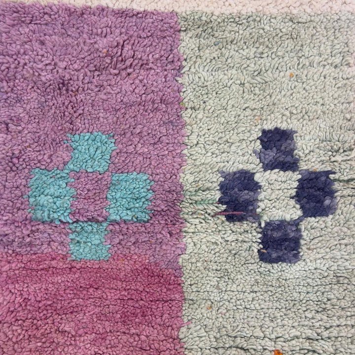 Vintage Moroccan wool rug 245x168 cm handmade Berber rug with pink orange and cream abstract geometric design