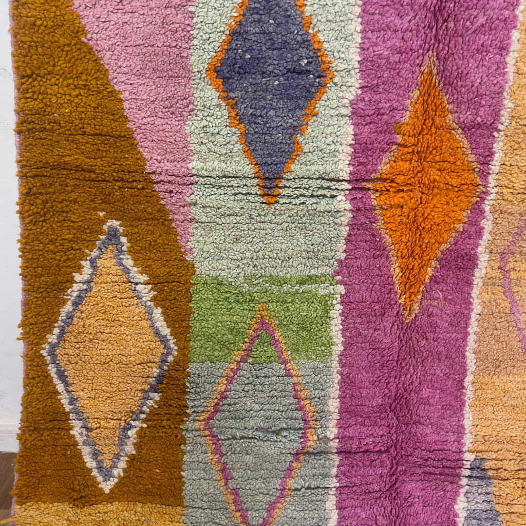 Vintage Moroccan wool rug 245x168 cm handmade Berber rug with pink orange and cream abstract geometric design