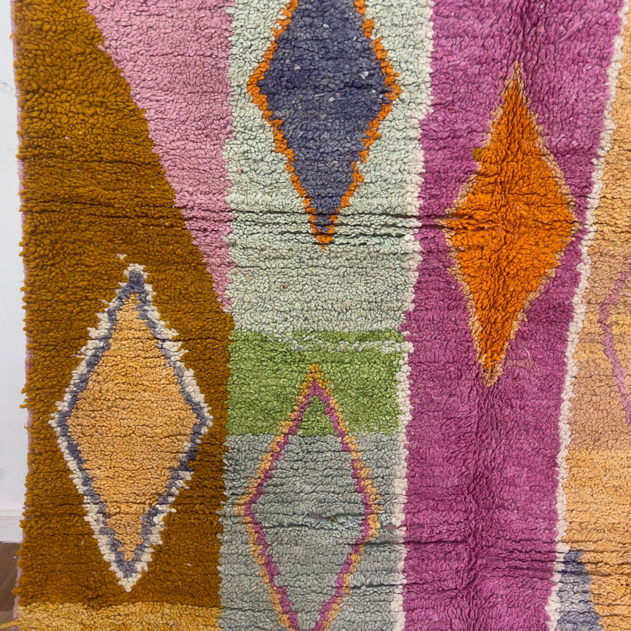 Vintage Moroccan wool rug 245x168 cm handmade Berber rug with pink orange and cream abstract geometric design