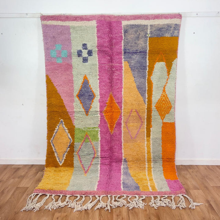 Vintage Moroccan wool rug 245x168 cm handmade Berber rug with pink orange and cream abstract geometric design