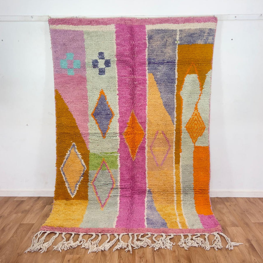 Vintage Moroccan wool rug 245x168 cm handmade Berber rug with pink orange and cream abstract geometric design