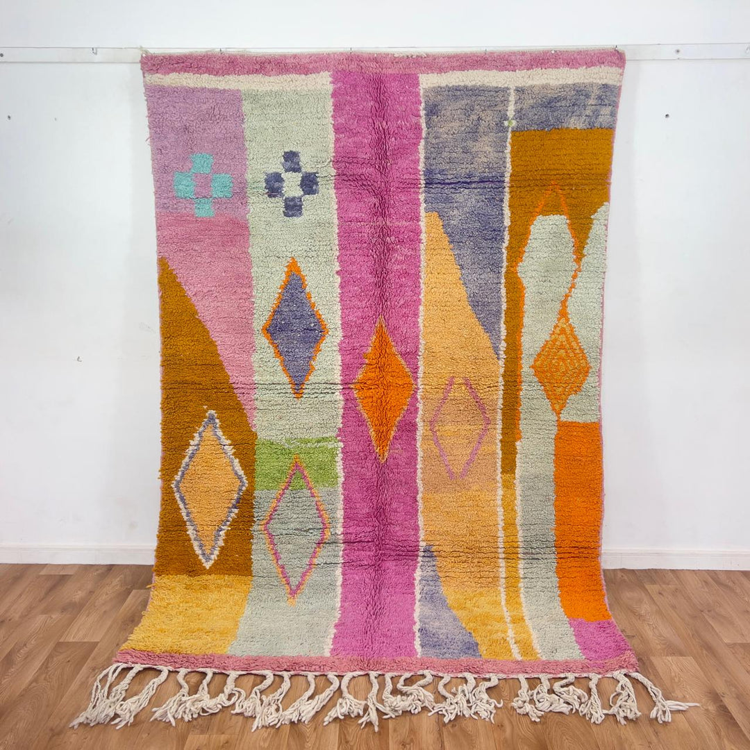 Vintage Moroccan wool rug 245x168 cm handmade Berber rug with pink orange and cream abstract geometric design