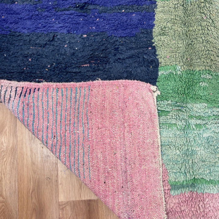 Vintage Moroccan wool rug 7.87 x 5.18 ft rug 4 with abstract color block design in soft ivory, green, blue and pink tones