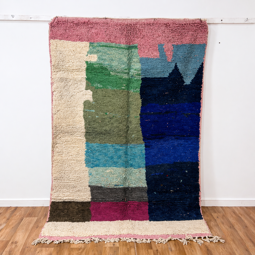 Vintage Moroccan wool rug 7.87 x 5.18 ft rug 4 with abstract color block design in soft ivory, green, blue and pink tones