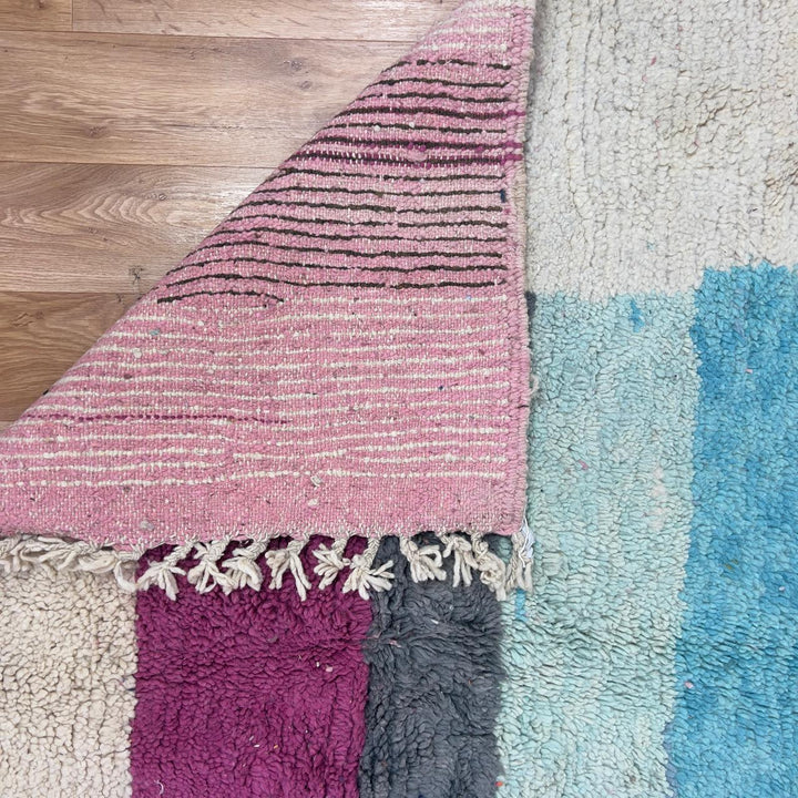 Vintage Moroccan wool rug 7.87 x 5.18 ft rug 4 with abstract color block design in soft ivory, green, blue and pink tones