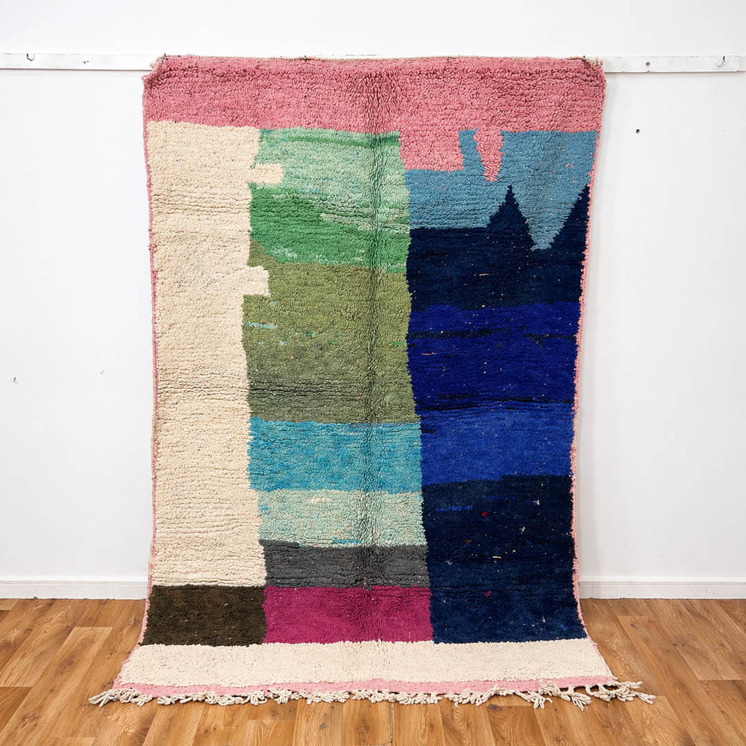 Vintage Moroccan wool rug 7.87 x 5.18 ft rug 4 with abstract color block design in soft ivory, green, blue and pink tones