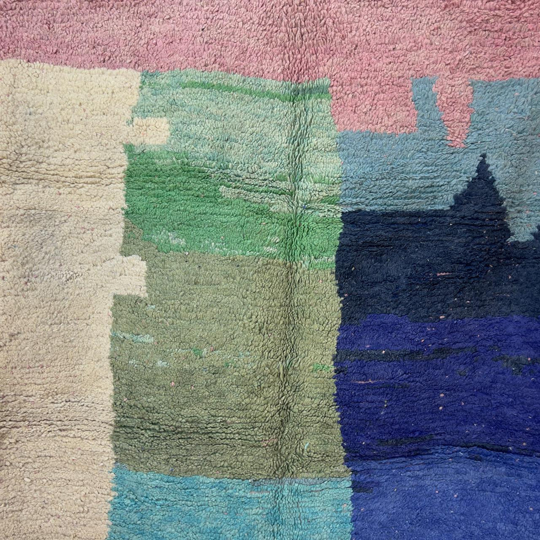 Vintage Moroccan wool rug 7.87 x 5.18 ft rug 4 with abstract color block design in soft ivory, green, blue and pink tones