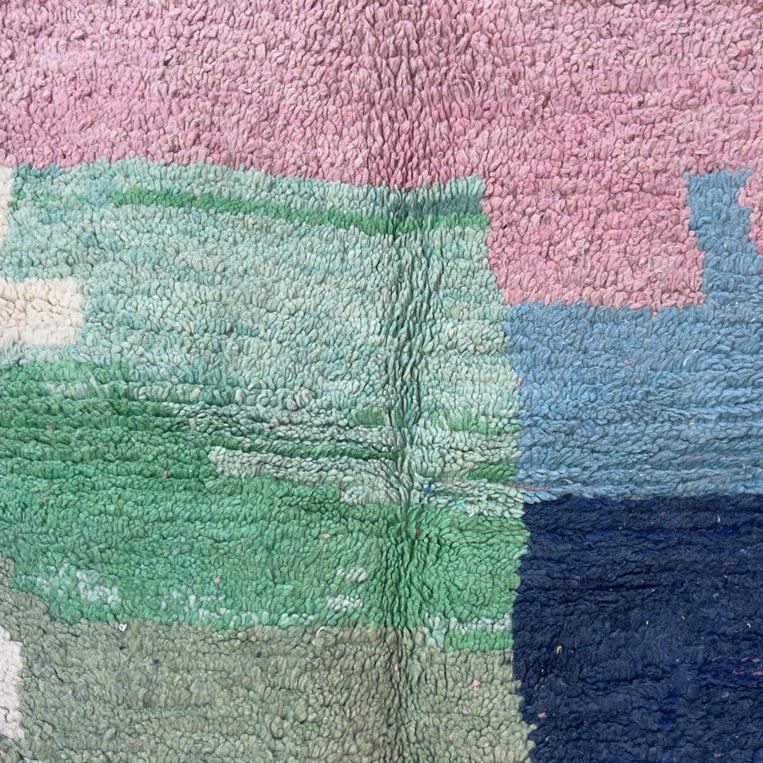 Vintage Moroccan wool rug 7.87 x 5.18 ft rug 4 with abstract color block design in soft ivory, green, blue and pink tones