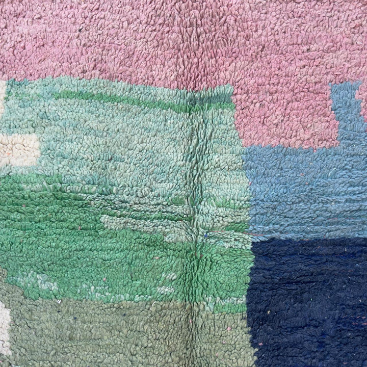 Vintage Moroccan wool rug 7.87 x 5.18 ft rug 4 with abstract color block design in soft ivory, green, blue and pink tones