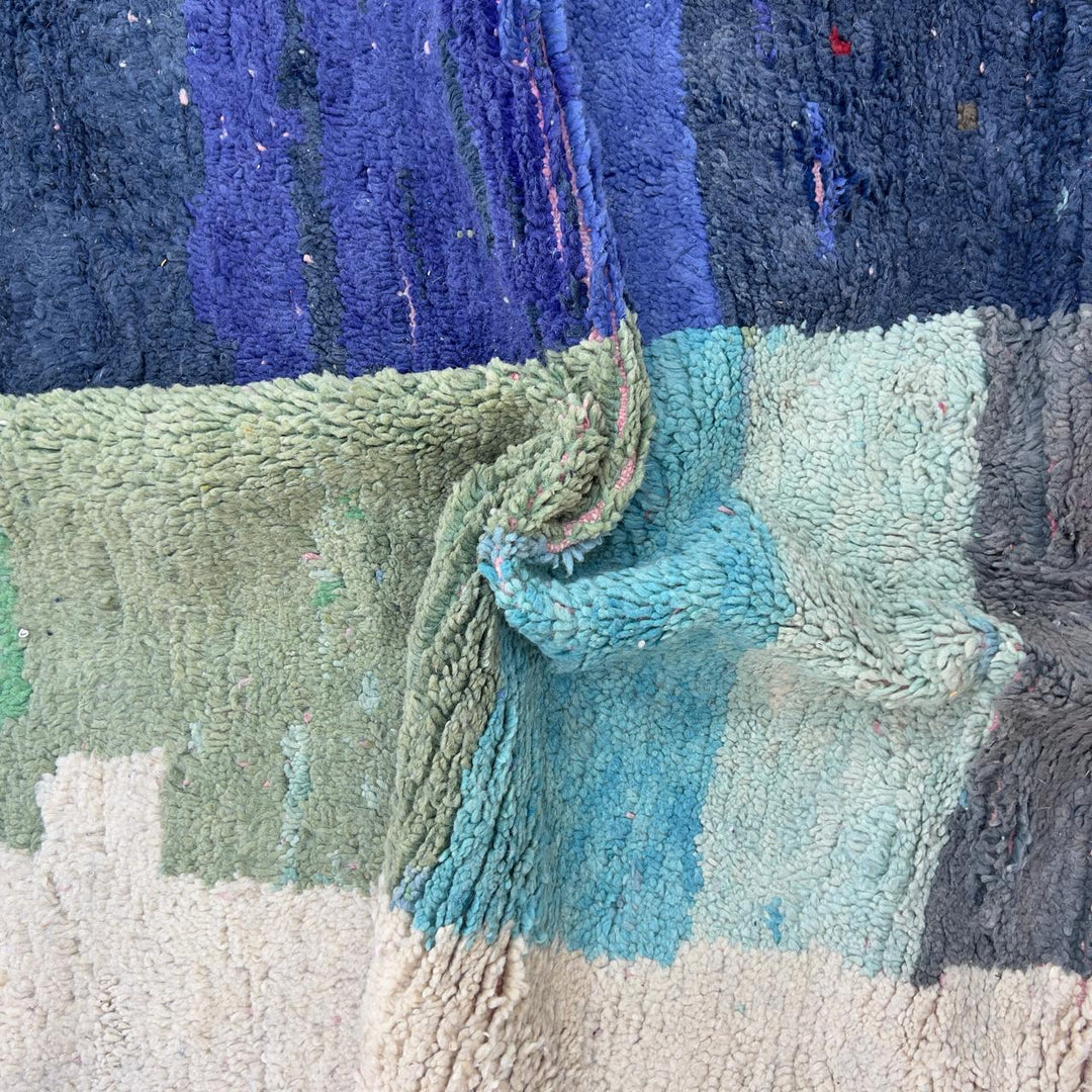 Vintage Moroccan wool rug 7.87 x 5.18 ft rug 4 with abstract color block design in soft ivory, green, blue and pink tones