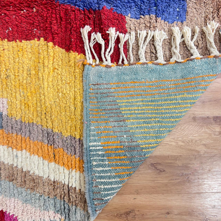 Vintage Moroccan wool rug with abstract vertical lines and geometric pattern in yellow orange and grey handmade Berber rug