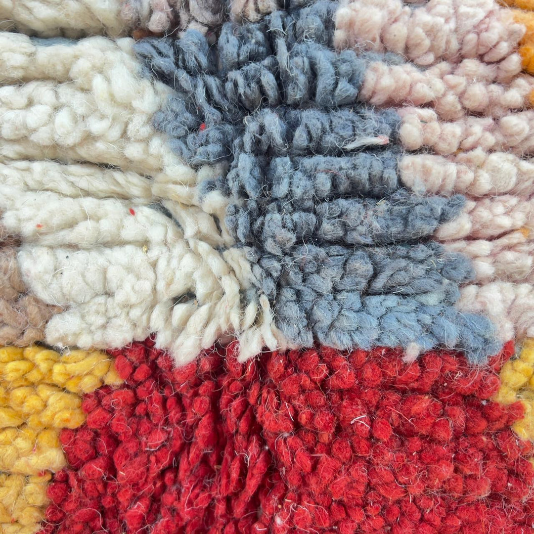 Vintage Moroccan wool rug with abstract vertical lines and geometric pattern in yellow orange and grey handmade Berber rug