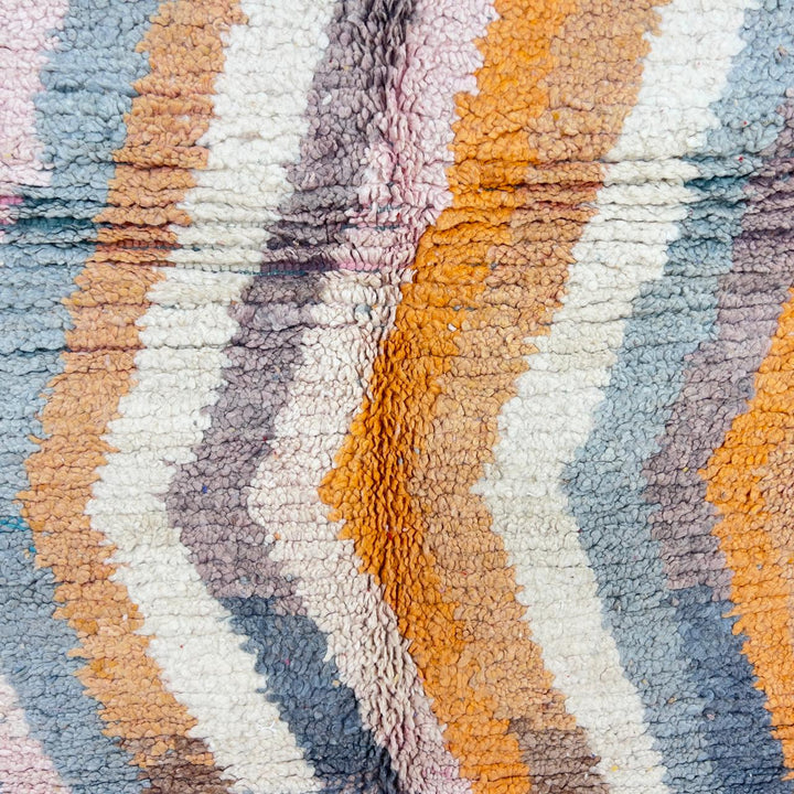 Vintage Moroccan wool rug with abstract vertical lines and geometric pattern in yellow orange and grey handmade Berber rug