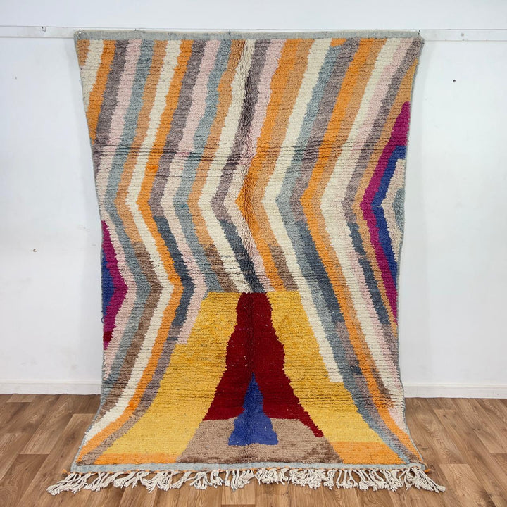 Vintage Moroccan wool rug with abstract vertical lines and geometric pattern in yellow orange and grey handmade Berber rug