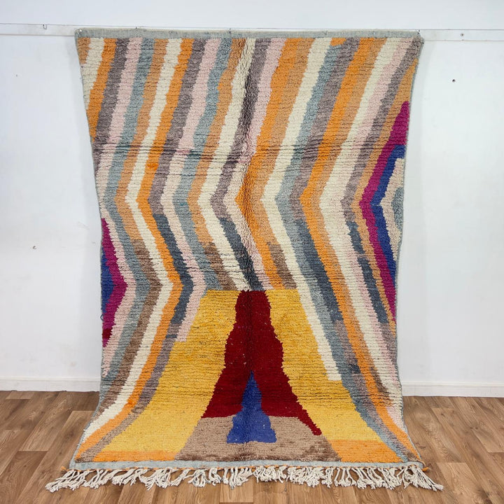 Vintage Moroccan wool rug with abstract vertical lines and geometric pattern in yellow orange and grey handmade Berber rug
