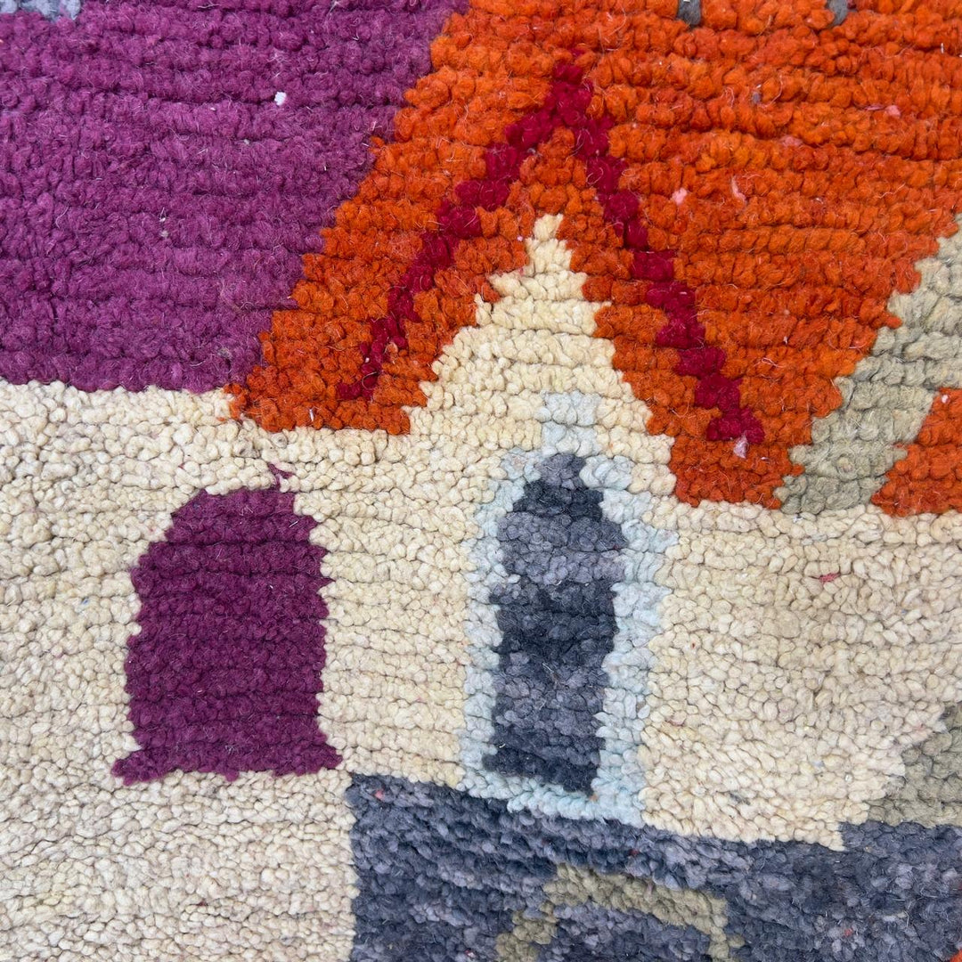 Vintage Moroccan wool rug 7.91 × 5.38 ft Rug 83 with abstract architectural design in beige, terracotta, pink and olive tones
