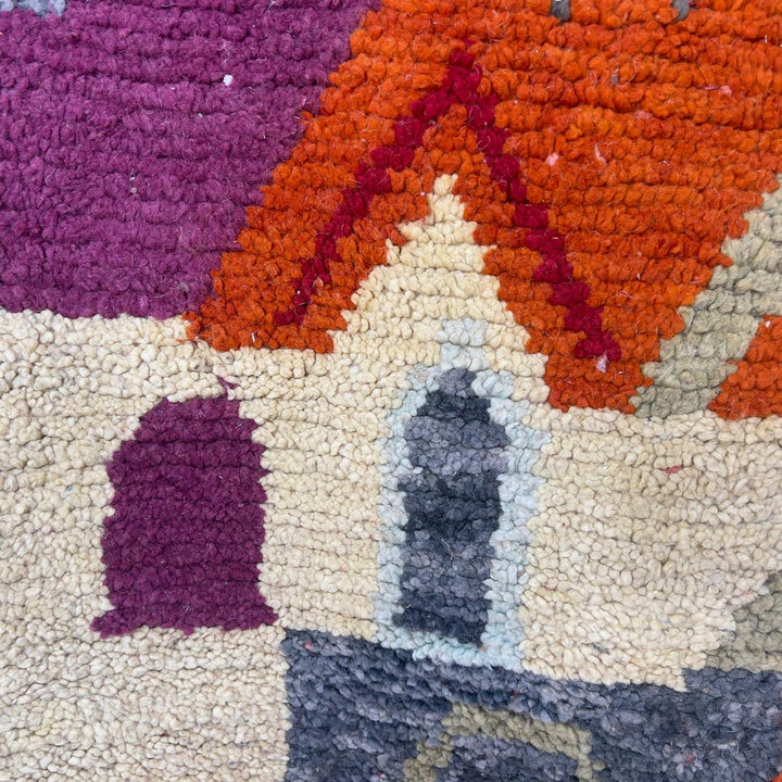 Vintage Moroccan wool rug 7.91 × 5.38 ft Rug 83 with abstract architectural design in beige, terracotta, pink and olive tones