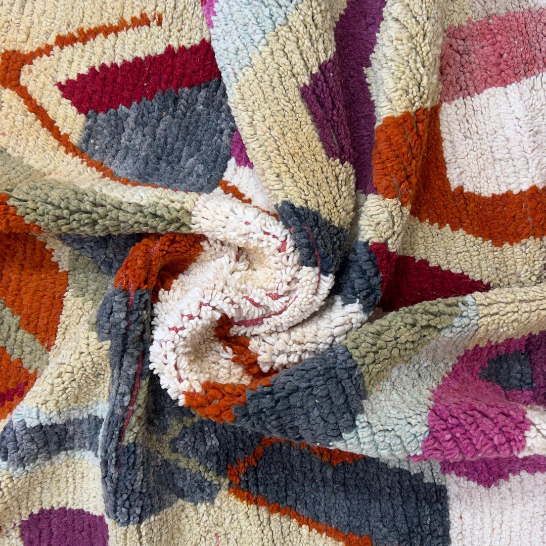 Vintage Moroccan wool rug 7.91 × 5.38 ft Rug 83 with abstract architectural design in beige, terracotta, pink and olive tones