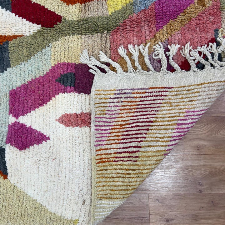 Vintage Moroccan wool rug 7.91 × 5.38 ft Rug 83 with abstract architectural design in beige, terracotta, pink and olive tones