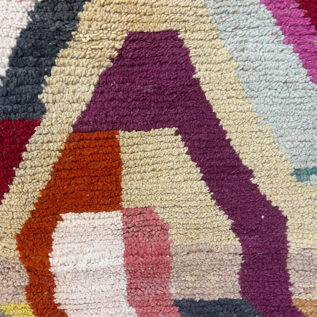 Vintage Moroccan wool rug 7.91 × 5.38 ft Rug 83 with abstract architectural design in beige, terracotta, pink and olive tones