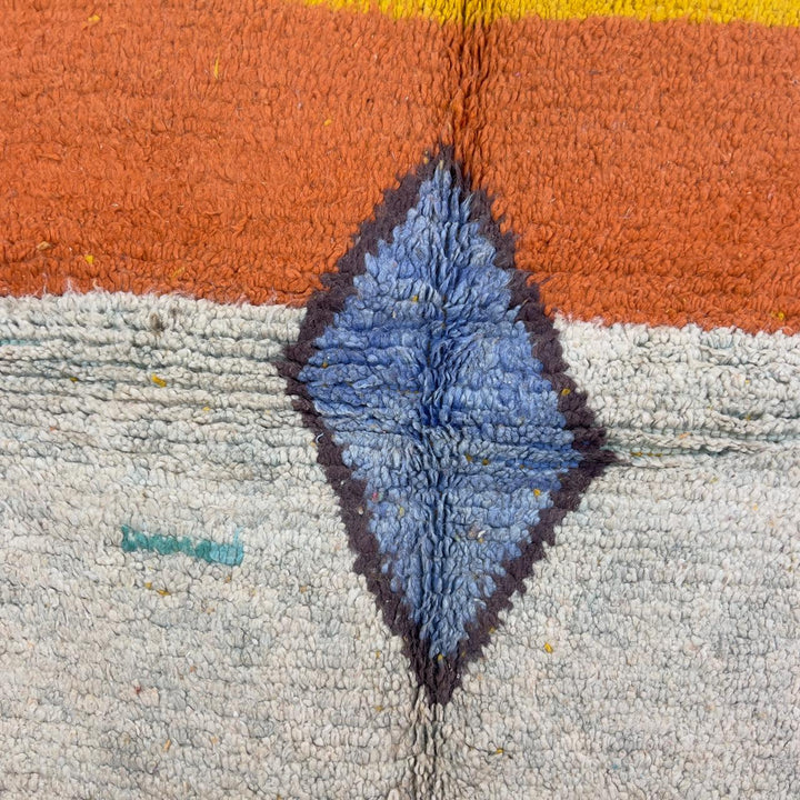 Vintage Moroccan wool rug 8.40 x 5.51 ft Rug BM1256 with colorful striped design and geometric diamond motifs in yellow, orange, pink, turquoise and earthy tones