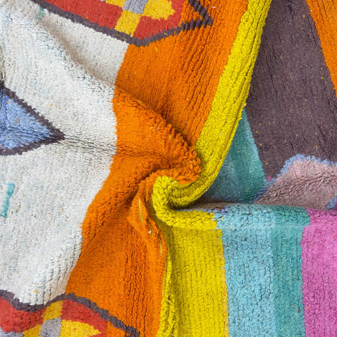 Vintage Moroccan wool rug 8.40 x 5.51 ft Rug BM1256 with colorful striped design and geometric diamond motifs in yellow, orange, pink, turquoise and earthy tones