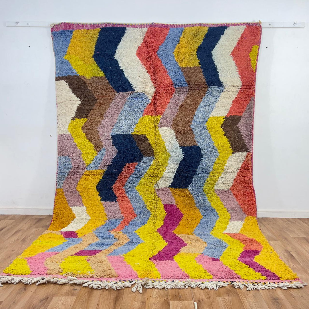 Vintage Moroccan wool rug zigzag colorful berber carpet 306x205 cm handmade