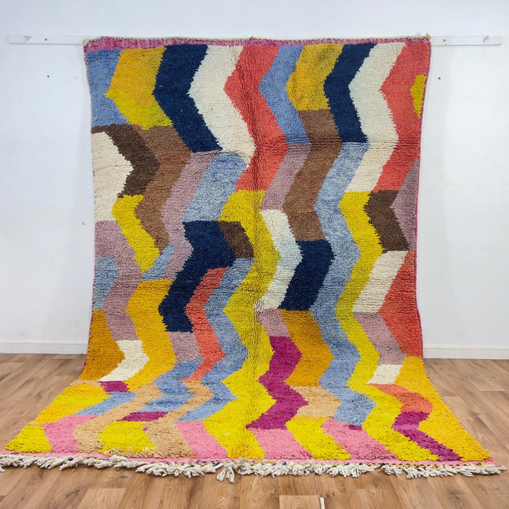 Vintage Moroccan wool rug zigzag colorful berber carpet 306x205 cm handmade
