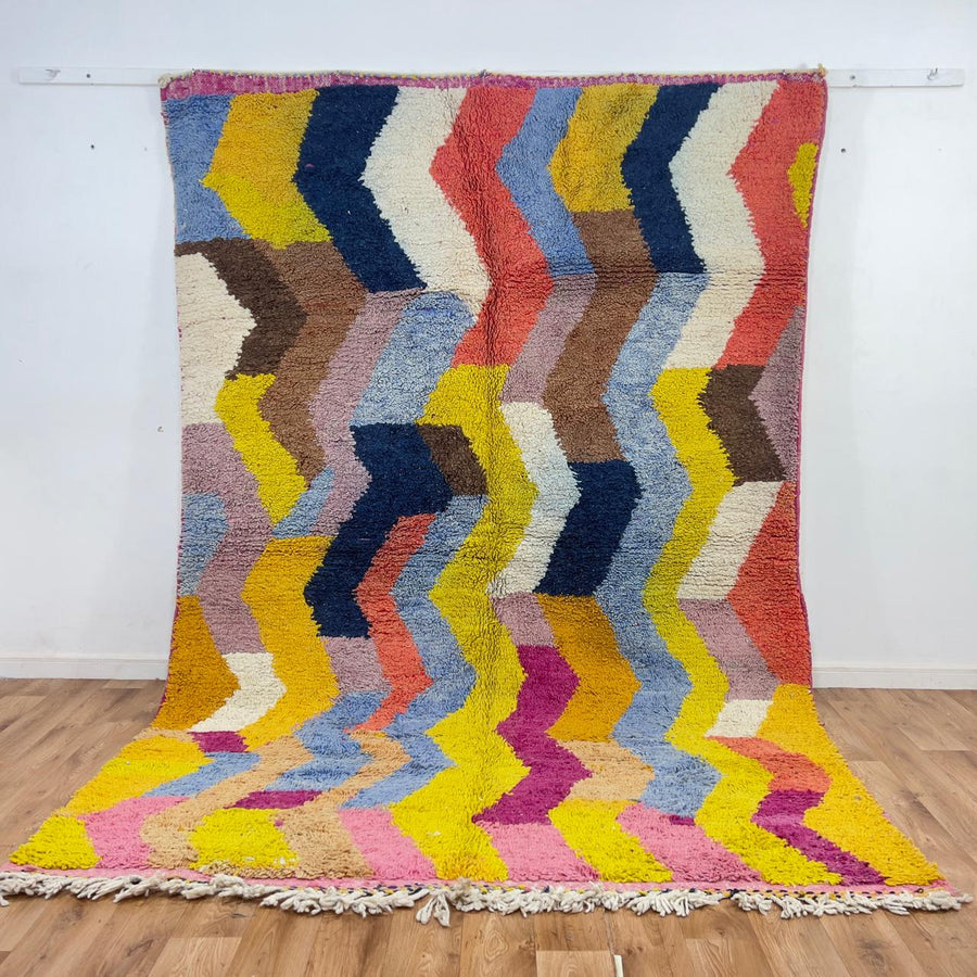 Vintage Moroccan wool rug zigzag colorful berber carpet 306x205 cm handmade