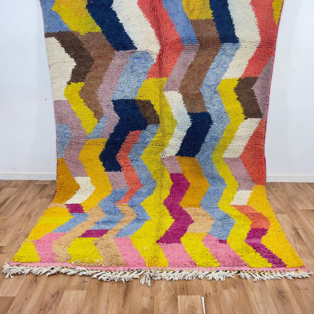 Vintage Moroccan wool rug zigzag colorful berber carpet 306x205 cm handmade