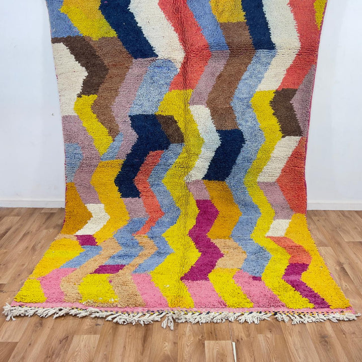 Vintage Moroccan wool rug zigzag colorful berber carpet 306x205 cm handmade