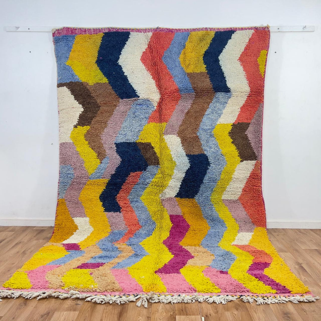Vintage Moroccan wool rug zigzag colorful berber carpet 306x205 cm handmade