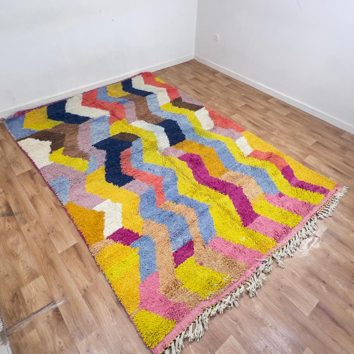 Vintage Moroccan wool rug zigzag colorful berber carpet 306x205 cm handmade