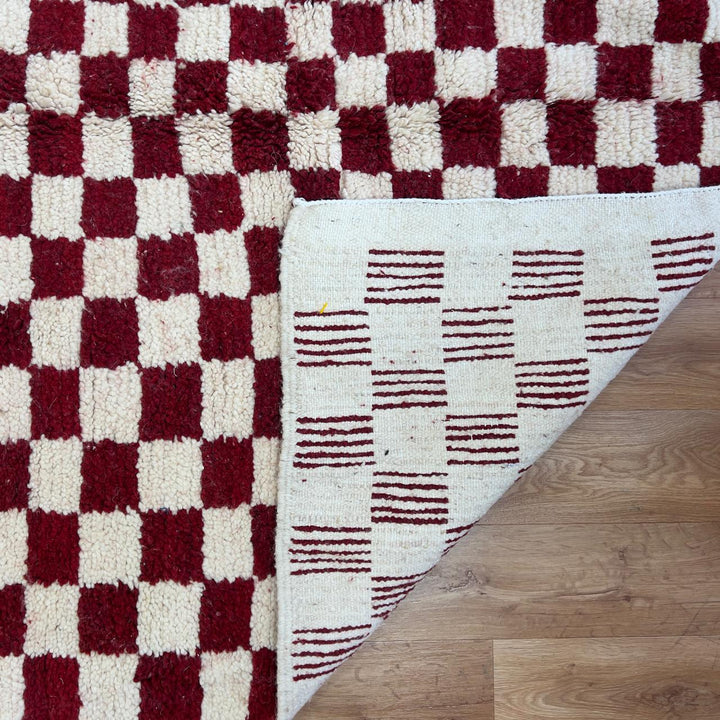 Vintage Moroccan wool rug with red and ivory checkerboard pattern, handmade Berber checkered rug 8x5 ft