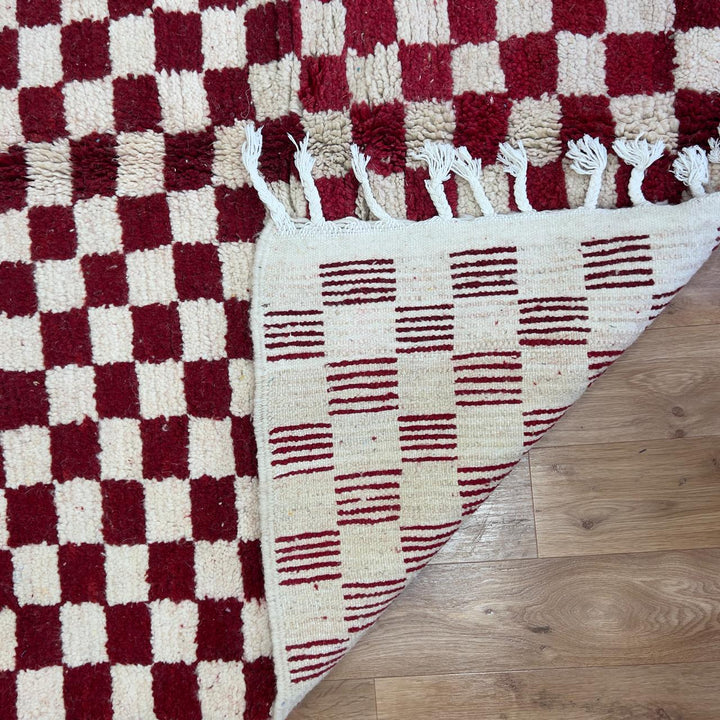 Vintage Moroccan wool rug with red and ivory checkerboard pattern, handmade Berber checkered rug 8x5 ft