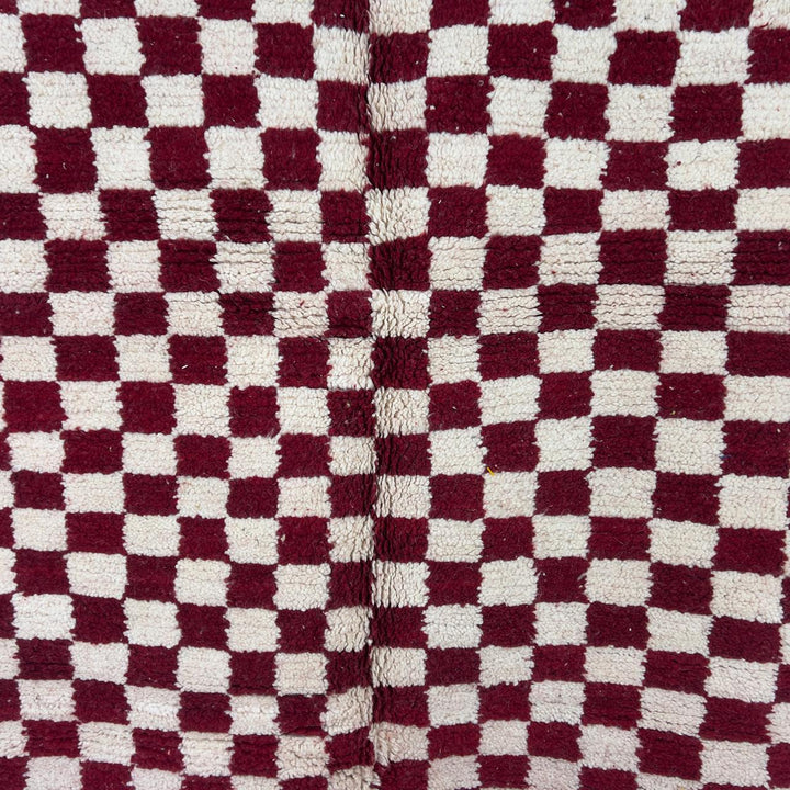 Vintage Moroccan wool rug with red and ivory checkerboard pattern, handmade Berber checkered rug 8x5 ft