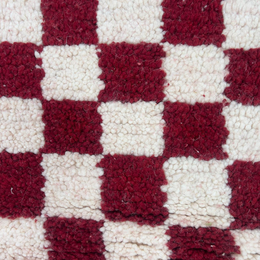 Vintage Moroccan wool rug with red and ivory checkerboard pattern, handmade Berber checkered rug 8x5 ft