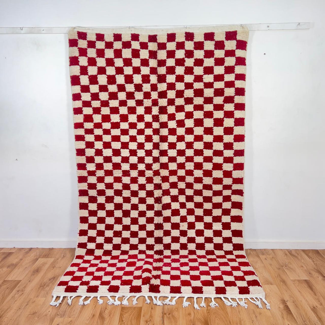 Vintage Moroccan wool rug with red and ivory checkerboard pattern, handmade Berber checkered rug 8x5 ft