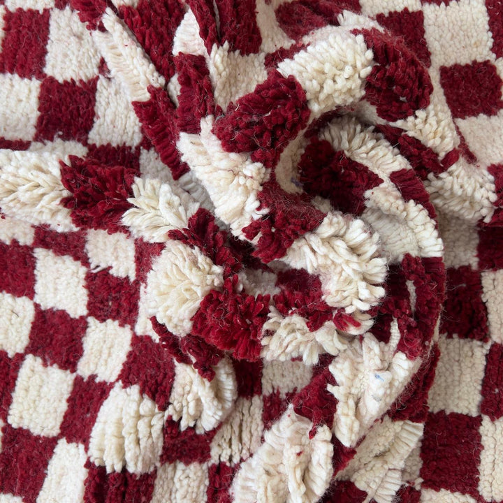Vintage Moroccan wool rug with red and ivory checkerboard pattern, handmade Berber checkered rug 8x5 ft