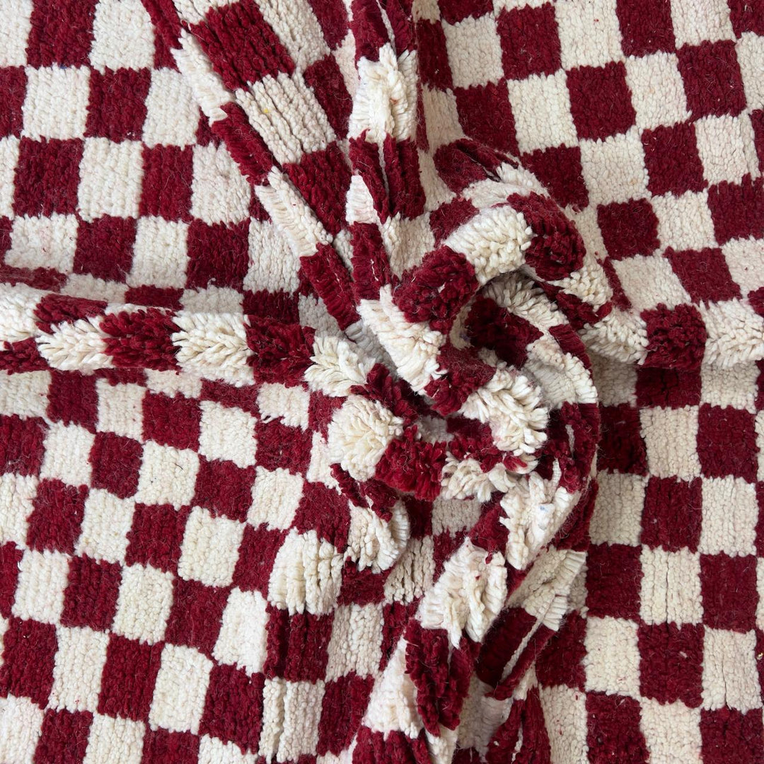 Vintage Moroccan wool rug with red and ivory checkerboard pattern, handmade Berber checkered rug 8x5 ft