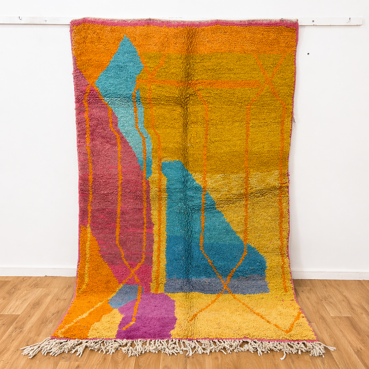 Vintage Moroccan wool rug 7.35x5.41 ft, handmade Berber shag rug with abstract geometric design in mustard yellow, pink and turquoise tones