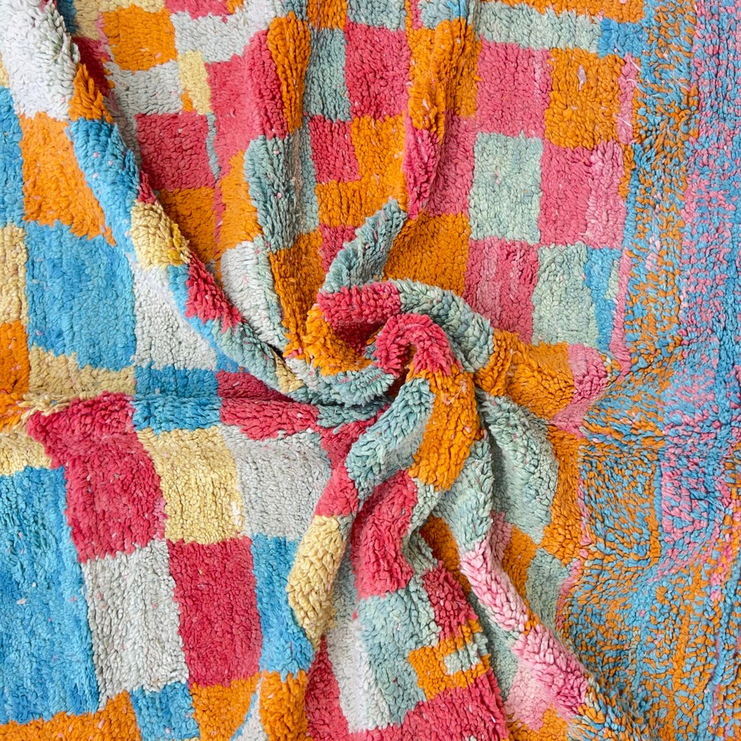 Vintage Moroccan wool rug 8.82 x 5.35 ft Rug 82 with colorful patchwork geometric design in turquoise, orange, pink, yellow and cream tones