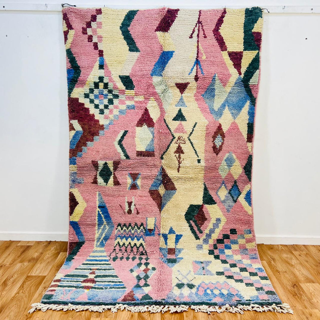 Vintage Moroccan wool rug with abstract Berber symbols in blush pink, pastel yellow and blue, size 263x160 cm